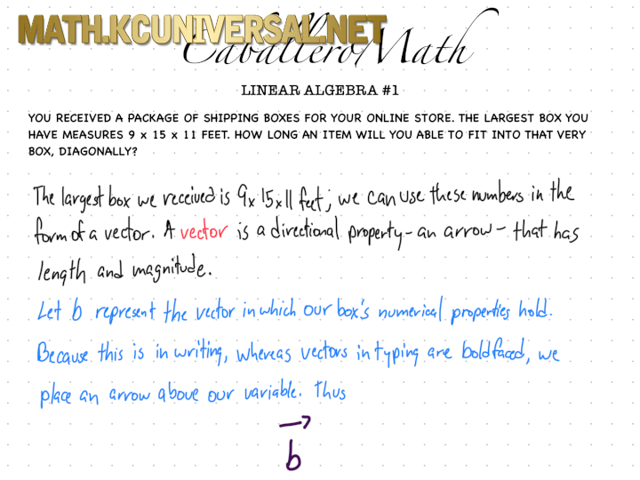 CaballeroMath Linear Algebra #1: Part B - You received a package of shipping boxes for your online store. The largest box you have measures 9 x 15 x 11 feet. How long an item will you able to fit into that very box, diagonally?